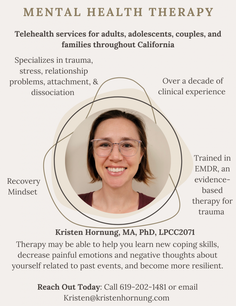 This business flyer summarizes the services and specialties of Kristen Hornung, Licensed Professional Clinical Counselor #2071, and includes a picture of Kristen, a white person with chin length brown hair.