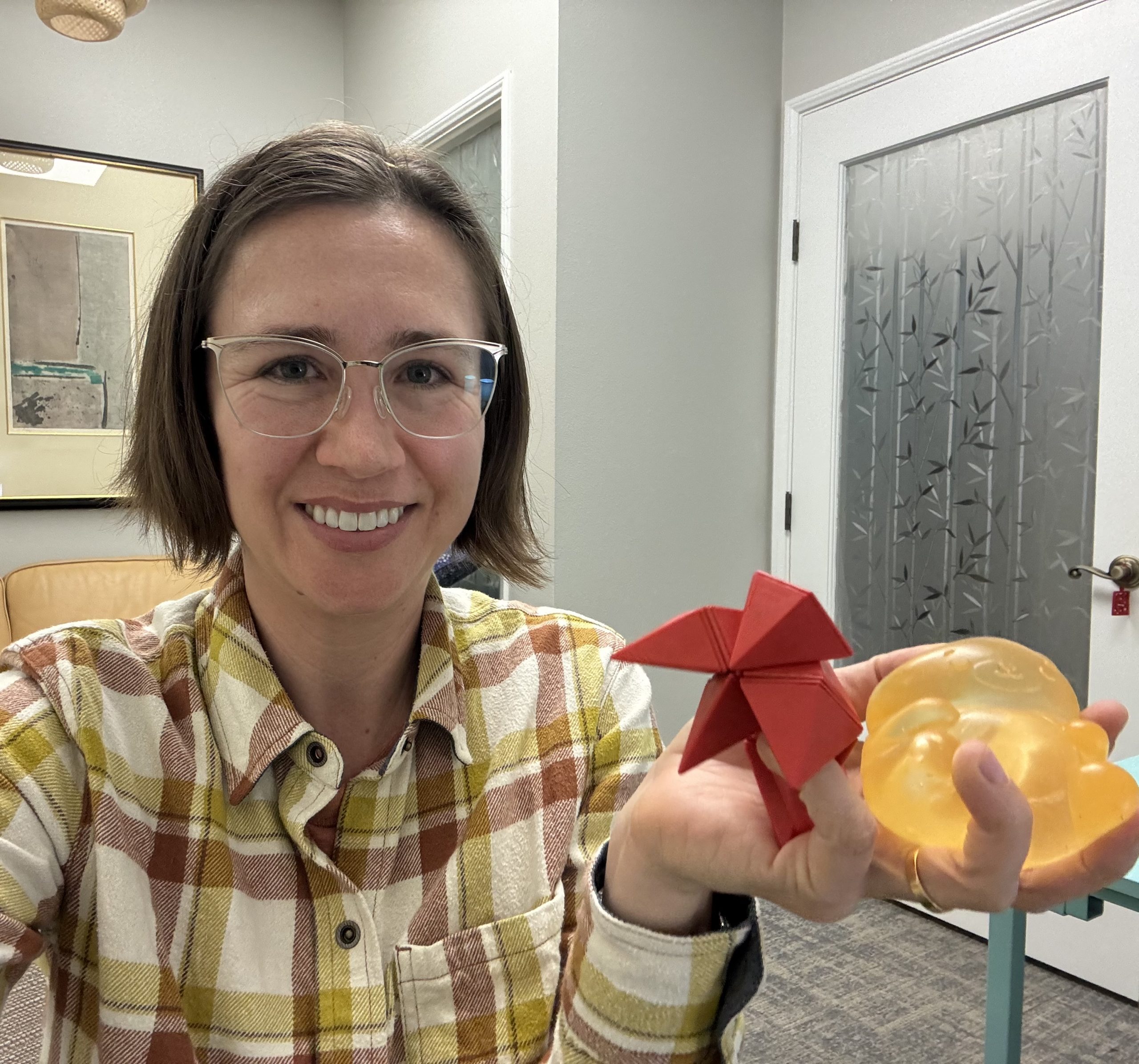 Pictures of Kristen Hornung in a small therapy office